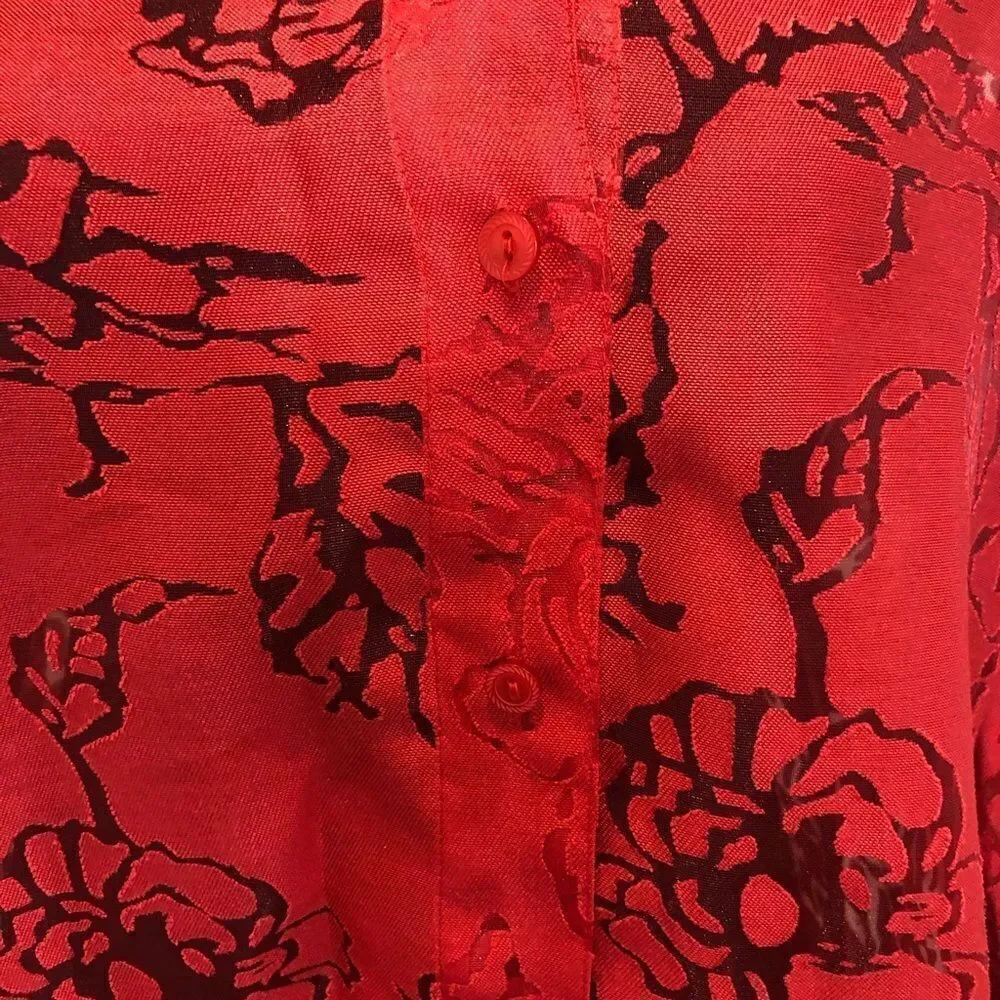 TanJay red button down blouse with sheer flowers - Picture 3 of 11